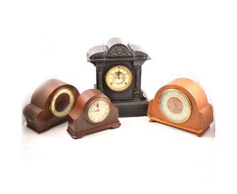 A black slate mantel clock, architectural case, Ansonia movement, 37cm, and three other wooden cased mantel clocks.