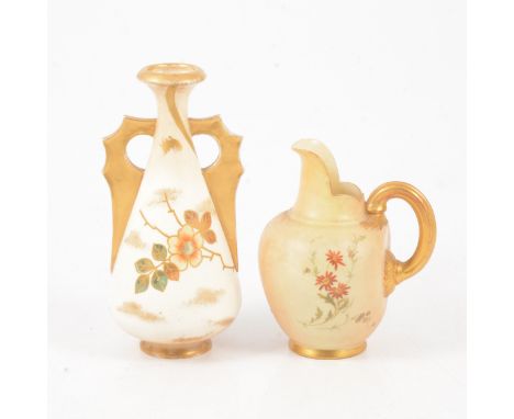 Royal Worcester blush ivory porcelain flat back helmet shaped single handled jug, hand painted with flowers and foliage, puce