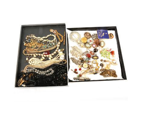 Two trays of vintage costume jewellery, bead necklaces, pendants and chains, Exquisite enamel brooch, marcasite brooches and 