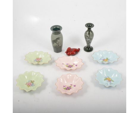 A Royal Doulton Flambe duck, 9cm; six Adderley Floral trinket dishes, circular and oval forms, various flowers; a hand-carved