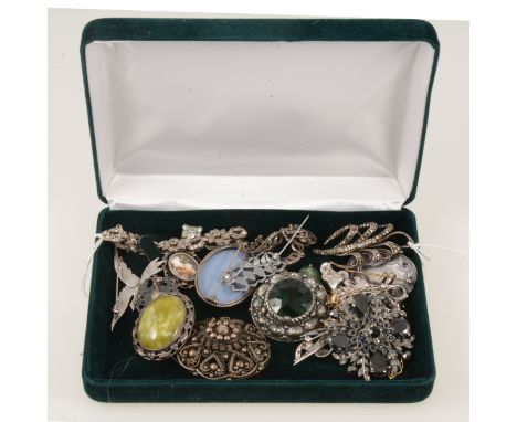 A collection of costume jewellery, two Wedgwood blue and white Jasper ware brooches, marcasite and enamel brooch of a bird ha