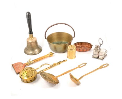 Brass jam pan, chestnut roasters, ladle, horse singeing tool, plated cruet, brass hand bell, copper jelly mould.