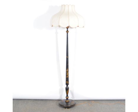 Edwardian standard lamp, black chinoiserie decoration, turned column and circular base, with shade, height overall 188cm.