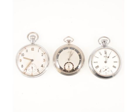 Three open face pocket watches, a stainless steel Omega pocket watch with 40mm dial, black chapter ring with white batons and