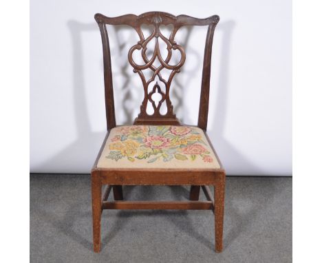 Chippendale style mahogany child's chair shaped cresting, vase-shape splat, gross point needlework drop-in seat, square taper