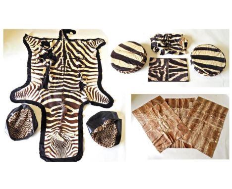 Taxidermy: Burchell's Zebra Skin (Equus quagga), circa 1960, flat skin rug with flat head, backed onto a black felt backing w