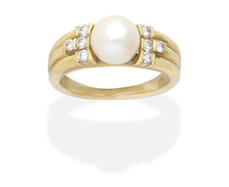 CARTIER: CULTURED PEARL AND DIAMOND RING7.5mm cultured pearl and brilliant-cut diamonds, signed Cartier, numbered, maker's ma