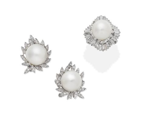 CULTURED PEARL AND DIAMOND EARRINGS AND RING1st: 12.5mm cultured pearls and brilliant-cut diamonds, 2nd: Off-round 11.3mm cul