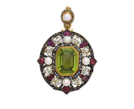 GEM-SET AND ENAMEL PENDANTThe octagonal-cut peridot within an openwork frame decorated with black and white enamel, accented 