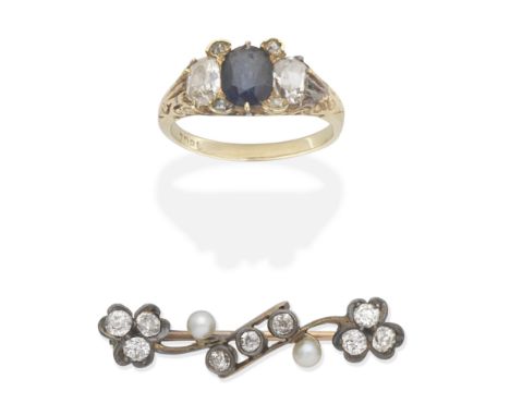 DIAMOND AND SEED PEARL BAR BROOCH AND SAPPHIRE AND DIAMOND RING1st: Circa 1900, old brilliant-cut diamonds and seed pearls, m