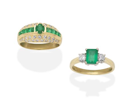 TWO EMERALD AND DIAMOND RINGS1st: 2001, Step-cut emerald and brilliant-cut diamonds, mounted in 18 carat gold, 2nd: 1978, Ova