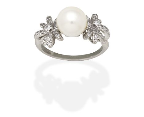 TIFFANY & CO: 'FIREWORKS' CULTURED PEARL AND DIAMOND RING8.0mm cultured pearl and brilliant-cut diamonds, signed Tiffany & Co