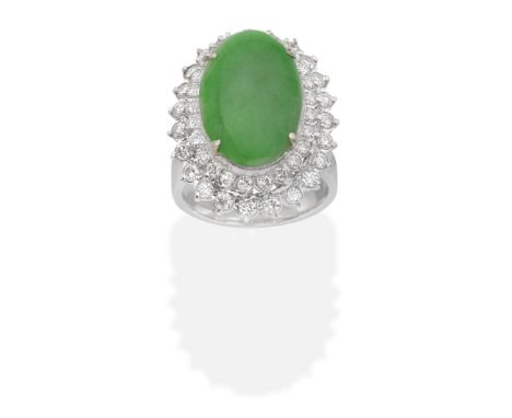 JADE AND DIAMOND RINGTiered, jade cabochon and brilliant-cut diamonds, diamonds approx. 0.90ct total, jade untested, ring siz