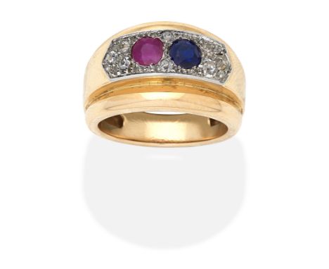 RUBY, SAPPHIRE AND DIAMOND RINGCircular-cut ruby and sapphire, cushion-shaped and old brilliant-cut diamonds, maker's mark (i
