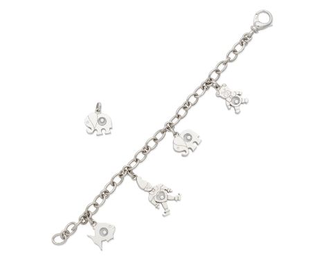 CHOPARD: DIAMOND-SET 'HAPPY DIAMONDS' CHARM BRACELET AND ELEPHANT CHARMThe 18 carat white gold bracelet suspending four charm