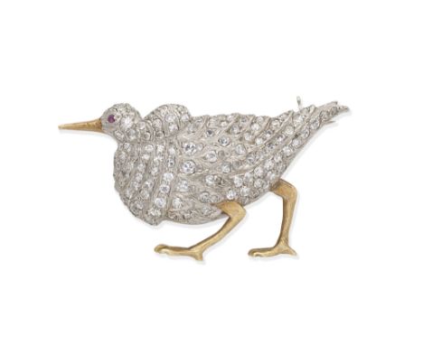 DIAMOND AND RUBY-SET BIRD BROOCH,  FIRST HALF OF 20TH CENTURYSet throughout with single-cut diamonds, and a cabochon ruby eye