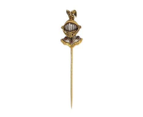 ENAMEL AND GEM-SET KNIGHT STICK PIN, CIRCA 1900Designed as a bust of medieval knight, with a moving visor, and a polychrome e