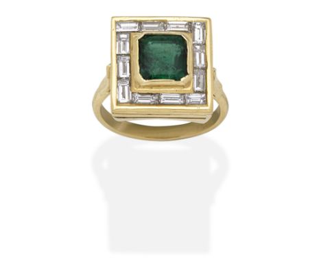 EMERALD AND DIAMOND RINGStep-cut emerald and baguette-cut diamonds, emerald very approx. 1.30cts, diamonds approx. 1.05cts to