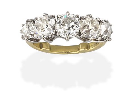 DIAMOND FIVE-STONE RINGCushion-shaped diamonds, mounted in 18 carat gold, diamonds approx. 4.20cts total, partial UK hallmark