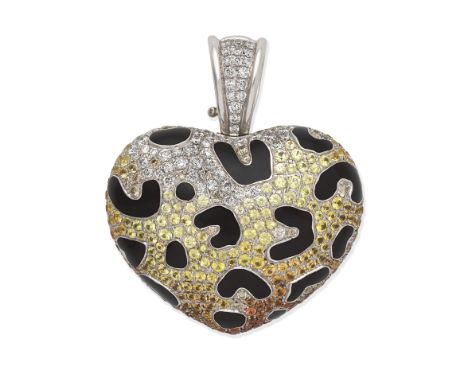 THEO FENNELL: DIAMOND, COLOURED SAPPHIRE AND ENAMEL PENDANTBrilliant-cut diamonds, yellow and orange sapphires, black enamel,