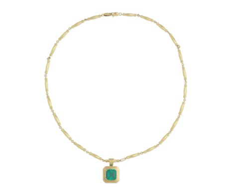 EMERALD PENDANT/NECKLACEThe step-cut emerald, weighing 9.93 carats, within a brushed mount, on a fancy-link chain, lengths: p