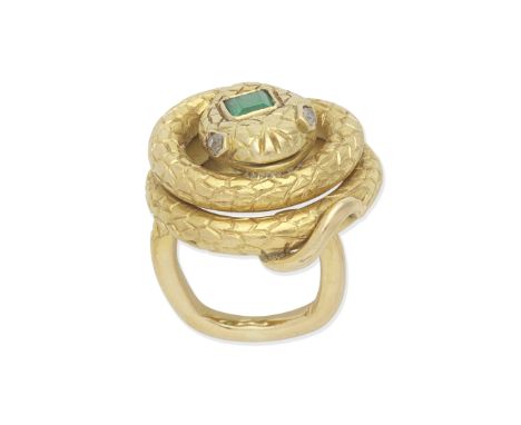 A. CODOGNATO: EMERALD AND DIAMOND SNAKE RINGThe engraved coiled serpent, with a step-cut emerald head and cushion-shaped diam