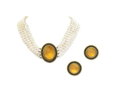 SIMON BENNEY: CITRINE, ENAMEL AND CULTURED PEARL NECKLACE AND EARRING SUITE,  CIRCA 2000Three rows of 6.1mm cultured pearls, 