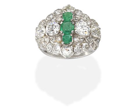 EMERALD AND DIAMOND RINGCushion-shaped emeralds, old brilliant and single-cut diamonds, diamonds approx. 4.00cts total, ring 