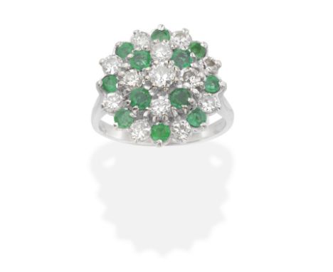 EMERALD AND DIAMOND CLUSTER RINGCircular-cut emeralds and brilliant-cut diamonds, diamonds approx. 0.95ct total, ring size ap