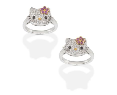 SANRIO: TWO DIAMOND AND GEM-SET 'HELLO KITTY' RINGSSet with circular-cut rubies, yellow sapphires, brilliant-cut diamonds and