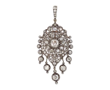 DIAMOND PENDANT,  CIRCA 1870The central old cushion-shaped diamond, weighing 2.10 carats, framed by an openwork foliate surro