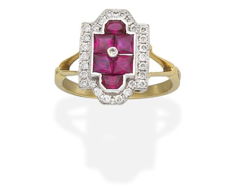RUBY AND DIAMOND PLAQUE RINGBrilliant-cut diamonds, french and fancy-cut rubies, mounted in 18 carat gold, London hallmark (w