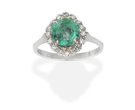 EMERALD AND DIAMOND CLUSTER RINGStep-cut emerald, weighing 1.82 carats, and single-cut diamonds, ring size approx. K½ Footnot