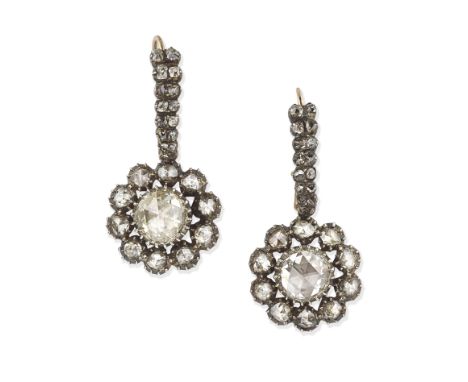 DIAMOND PENDENT EARRINGS, 19TH CENTURYOf cluster design, set with rose and cushion-shaped diamonds, within closed back settin