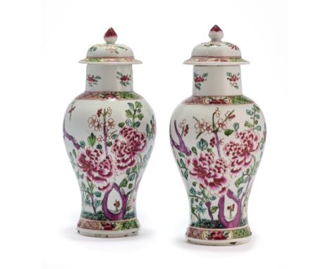 each baluster body brightly enamelled with peony, prunus and bamboo, all within bands of floral cartouches reserved on a diap
