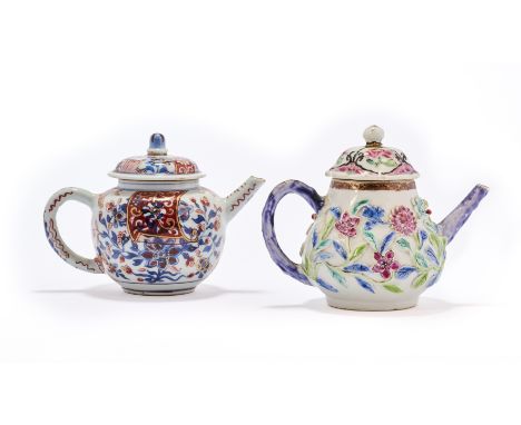 comprising: a Chinese Imari globular teapot and cover; a pear-shaped teapot with high relief floral decoration and a cover; a