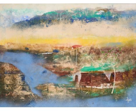 mixed media on board, abstract landscape, signed 'T Yeo' lower right, 60 by 77cm, framed and glazed Provenance: Acquired dire