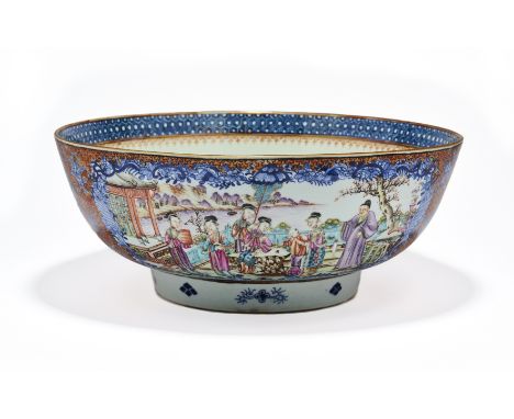 the deep rounded sides rising from a short tapering foot, brightly enamelled around the exterior with two large shaped cartou