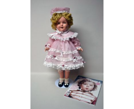 Original Vintage Shirley Temple Doll with Stand and Glass Octagonal Case. Vintage, 1930's. Full Attire, Pink and White Lace D