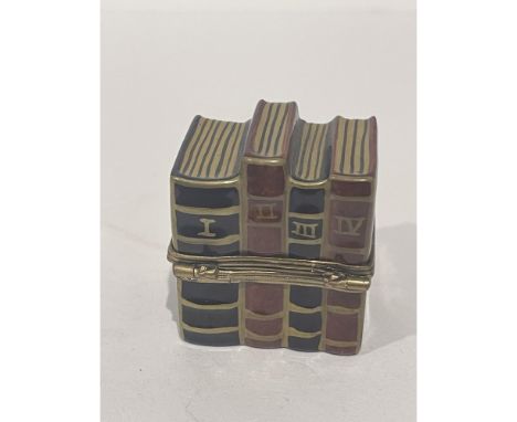 24k gold accented Hand painted collection of law books facing out on a shelf porcelain mini box. Skillfully realistic. Gilded
