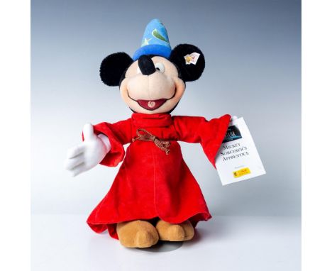 Mohair and fabric figure of Mickey standing in a red robe with a blue wizard hat. Celebrating the 60th Anniversary of the Dis