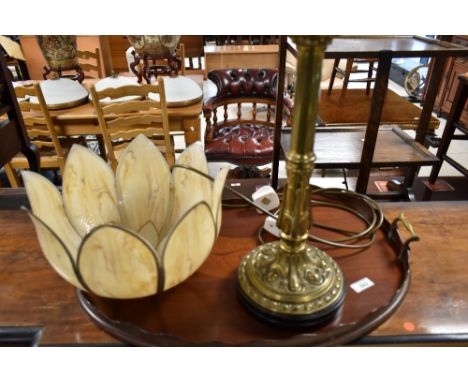 An electric table lamp, in the brass oil lamp style, with additional tulip shade and Edwardian mahogany kidney shaped tray
