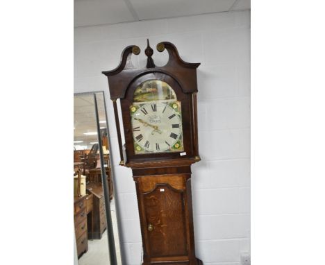 A 19th Century oak and mahogany crossbanded longcase clock having 30hr movement with painted dial named for Geo Wilson, Apple