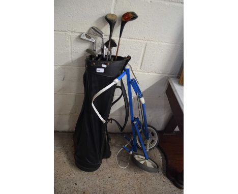 CASE OF VINTAGE GOLF CLUBS AND ACCOMPANYING METAL GOLF TROLLEY
