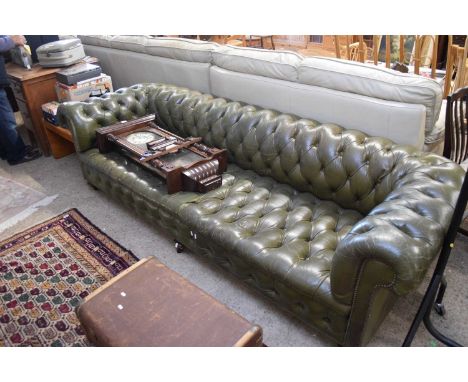 VINTAGE GREEN BUTTONED LEATHER UPHOLSTERED CHESTERFIELD STYLE SOFA, 250CM WIDE