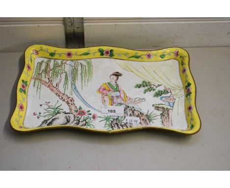 CHINESE ENAMEL DRESSING TABLE TRAY DECORATED WITH A FIGURE AMONGST TREES