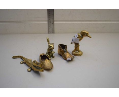 COLLECTION OF BRASS ANIMALS, CROCODILE SHAPED NUT CRACKER AND BRASS SHOES