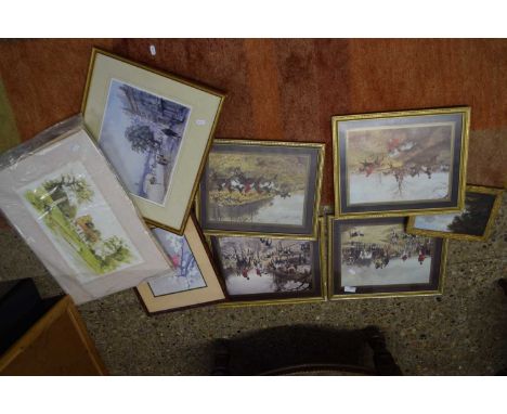 MIXED LOT COMPRISING SMALL OIL STUDY OF TWO HORSES PLUS FURTHER HUNTING PRINT AND OTHERS