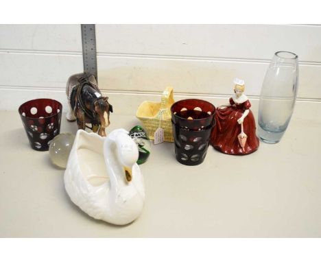 MIXED LOT PAPERWEIGHTS, A SWAN SHAPED PLANTER, MODEL SHIRE HORSE, FIGURINE AND OTHER ITEMS