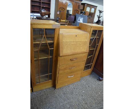 EARLY 20TH CENTURY LIGHT OAK BUREAU BOOKCASE CABINET WITH GLAZED SIDE SECTIONS, 135CM WIDE